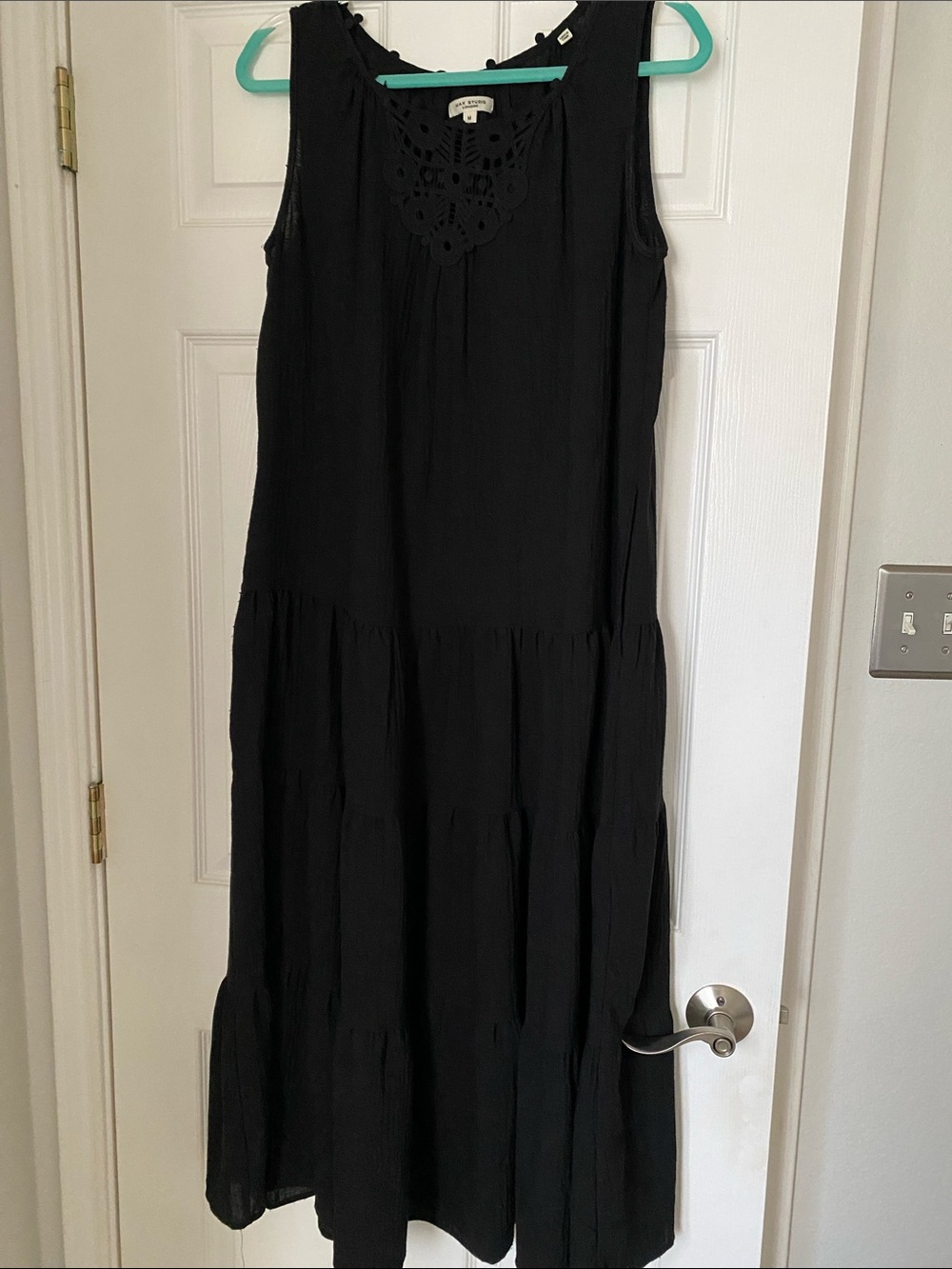 Max Studio Black Sleeveless Tiered Maxi Dress with Lace Yoke